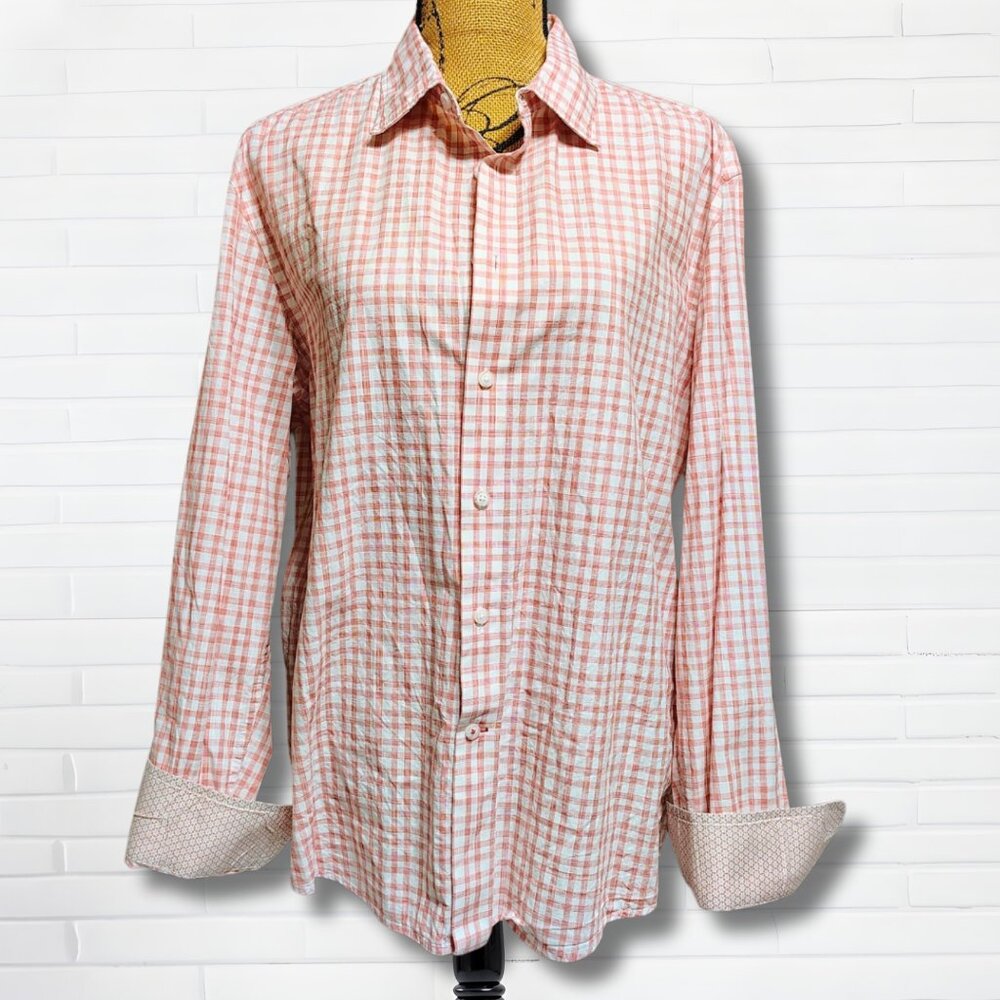 Joseph Abboud Plaid Button-Up Shirt Red White Gingham Contrast Cuff Men’s Size L